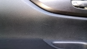 Door trim card rear left Nissan Rogue 14-20 black with black insert plastic, armrest black leather, molding graphite structure, scratches, abrasions, dents