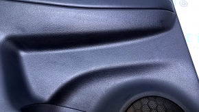 Door trim card rear left Nissan Rogue 14-20 black with black insert plastic, armrest black leather, molding graphite structure, scratches, abrasions, dents