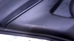 Door trim card rear left Nissan Rogue 14-20 black with black insert plastic, armrest black leather, molding graphite structure, scratches, abrasions, dents