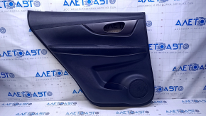 Door trim card rear left Nissan Rogue 14-20 black with black insert plastic, armrest black leather, molding graphite structure, scratches, abrasions, dents