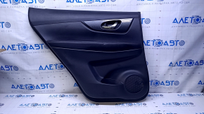 Door trim card rear left Nissan Rogue 14-20 black with black insert plastic, armrest black leather, molding carbon glossy, scratches, abrasions, dents