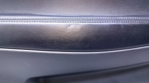 Door trim card rear left Nissan Rogue 14-20 black with black insert plastic, armrest black leather, molding carbon glossy, scratches, abrasions, dents