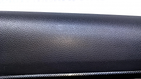 Door trim card rear left Nissan Rogue 14-20 black with black insert plastic, armrest black leather, molding carbon glossy, scratches, abrasions, dents