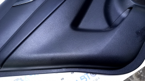 Door trim card rear left Nissan Rogue 14-20 black with black insert plastic, armrest black leather, molding carbon glossy, scratches, abrasions, dents