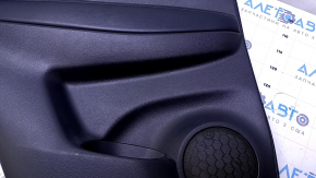 Door trim card rear left Nissan Rogue 14-20 black with black insert plastic, armrest black leather, molding carbon glossy, scratches, abrasions, dents