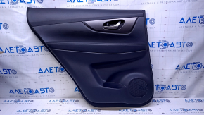 Door trim card rear left Nissan Rogue 14-20 black with black insert plastic, armrest black leather, molding graphite structure, scuffs, scratches