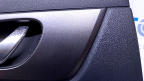 Door trim card rear left Nissan Rogue 14-20 black with black insert plastic, armrest black leather, molding graphite structure, scuffs, scratches