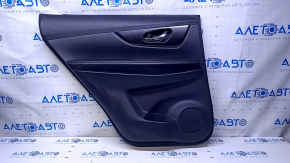 Door trim card rear left Nissan Rogue 14-20 black with black insert plastic, armrest black leather, molding carbon glossy, scratches, abrasions