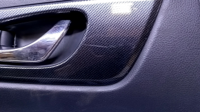 Door trim card rear left Nissan Rogue 14-20 black with black insert plastic, armrest black leather, molding carbon glossy, scratches, abrasions