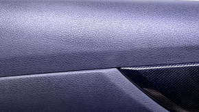 Door trim card rear left Nissan Rogue 14-20 black with black insert plastic, armrest black leather, molding carbon glossy, scratches, abrasions