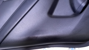 Door trim card rear left Nissan Rogue 14-20 black with black insert plastic, armrest black leather, molding carbon glossy, scratches, abrasions