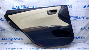 Door trim card rear left Toyota Avalon 13-18 beige with beige insert leather, armrest brown leather, scuffs, scratches, bumps