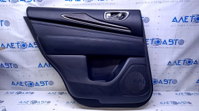 Door trim card rear left Infiniti JX35 QX60 13- black with black insert leather, armrest black leather, molding gray gloss, dents, abrasions, scratches, bumps
