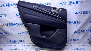 Door trim card rear left Infiniti JX35 QX60 13- black with black insert leather, armrest black leather, molding gray gloss, dents, abrasions, scratches, bumps