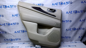 Door trim card rear left Infiniti JX35 QX60 13- beige with beige insert leather, armrest beige leather, molding dark wood gloss, under the tweeter, dents, abrasions, scratches, whitened plastic, under