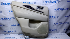 Door trim card rear left Infiniti JX35 QX60 13- beige with beige insert leather, armrest beige leather, molding dark wood gloss, dents, abrasions, scratches, whitened plastic, pokes