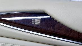 Door trim card rear left Infiniti JX35 QX60 13- beige with beige insert leather, armrest beige leather, molding dark wood gloss, dents, abrasions, scratches, whitened plastic, pokes