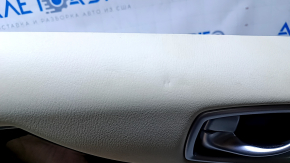 Door trim card rear left Infiniti JX35 QX60 13- beige with beige insert leather, armrest beige leather, molding dark wood gloss, dents, abrasions, scratches, whitened plastic, pokes