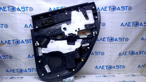 Door trim card rear left Jeep Grand Cherokee WK2 14-16 black with black insert leather, armrest black leather, white stitching, molding with chrome, under mat black wood, pokes, scuffs, scratches, scu