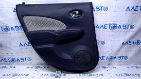 Door trim card rear left Nissan Versa Note 13-19 black with beige insert cloth, armrest black plastic, scratches, abrasions