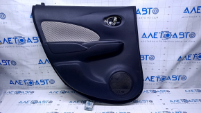 Door trim card rear left Nissan Versa Note 13-19 black with beige insert cloth, armrest black plastic, scratches, abrasions