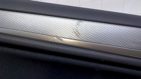 Door trim card rear left Subaru Outback 15-19 black with black insert cloth, armrest black leather, molding gray structure, scuffs, abrasions, scratches, dents