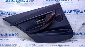 Door trim card rear left BMW 3 F30 12-18 black with black insert leather, armrest black leather, overlay dark wood, bumps, scuffs