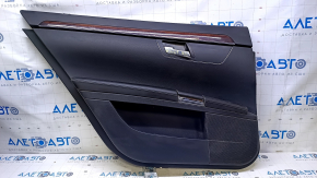 Door trim card rear left Mercedes W221 long black with black insert leather, armrest black leather, molding dark wood, ashtray, scratches, abrasions