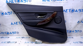 Door trim card rear left BMW 3 F30 12-18 black with black insert leather, armrest black leather, trim dark wood gloss, scuffs, bumps, abrasions, scratches