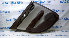 Door trim card rear left Cadillac ATS 13- brown with gray insert leather, armrest brown leather, molding light wood gloss, dents, abrasions, cracked leather, pokes, scuffs