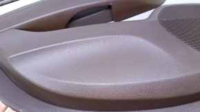 Door trim card rear left Cadillac ATS 13- brown with gray insert leather, armrest brown leather, molding light wood gloss, dents, abrasions, cracked leather, pokes, scuffs