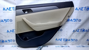 Door trim card rear right Hyundai Sonata 15-17 black with beige insert plastic, armrest beige rubber, gray molding structure, dents, bumps, scratches, abrasions, whitened plastic