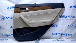 Door trim card rear right Hyundai Sonata 15-17 black with beige insert leather, armrest beige rubber, molding light wood gloss, with curtain, scratches, abrasions, tears, burrs