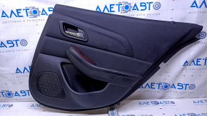 Door trim card rear right Chevrolet Malibu 13-15 black with black insert plastic, armrest black leather, overlay dark wood, scratches, abrasions, dent, broken fastening