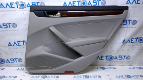 Door trim card rear right VW Passat b7 12-15 USA gray with gray insert plastic, armrest gray leather, molding dark wood gloss, with tweeter, with backlight, scuffs, scratches, dents