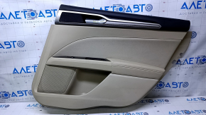 Door trim card rear right Ford Fusion mk5 13-16 beige with beige insert cloth, armrest beige leather, molding gray structure, scuffs, bumps, dents, abrasions, scratches