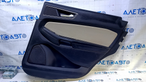 Door trim card rear right Ford Edge 15-18 black with beige insert cloth, armrest black leather, molding gray structure, scuffs, dents, bumps, abrasions, scratches
