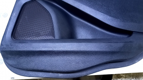 Door trim card rear right Ford Edge 15-18 black with beige insert cloth, armrest black leather, molding gray structure, scuffs, dents, bumps, abrasions, scratches