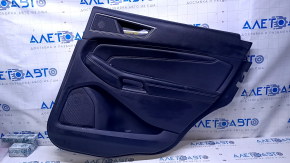 Door trim card rear right Ford Edge 15-18 black with black insert leather, titanium, white stitching, armrest black leather, scuff, dent, bumps, abrasions, scratches, whitened plastic, broken fastener