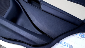 Door trim card rear right Ford Edge 15-18 black with beige insert cloth, armrest black leather, molding gray structure, scuffs, dents, abrasions, scratches