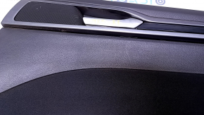 Door trim card rear right Ford Fusion mk5 13-16 black with black insert cloth, armrest black leather with red stitching, molding black gloss, scratches, abrasions, scuffs, crack in molding