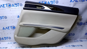 Door trim card rear right Lincoln MKZ 13-16 beige with beige insert leather, armrest beige leather, molding dark wood, dents, scratches, abrasions, pokes, broken fasteners