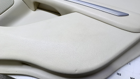 Door trim card rear right Lincoln MKZ 13-16 beige with beige insert leather, armrest beige leather, molding dark wood, dents, scratches, abrasions, pokes, broken fasteners
