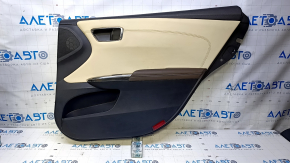 Door trim card rear right Toyota Avalon 13-18 black with beige insert leather, armrest brown leather, handle molding chrome, scuffs, dents, nicks, scratches