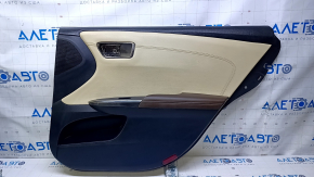 Door trim card rear right Toyota Avalon 13-18 black with beige insert leather, armrest brown leather, handle molding chrome, scuffs, dents, nicks, scratches
