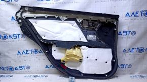 Door trim card rear right Toyota Avalon 13-18 black with gray insert leather, armrest blue leather, handle molding chrome, scuffs, scratches, scuffs