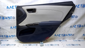 Door trim card rear right Toyota Avalon 13-18 black with gray insert leather, armrest blue leather, molding handle chrome, scuffs, scratches, dent, bump