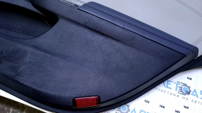 Door trim card rear right Toyota Avalon 13-18 black with gray insert leather, armrest blue leather, molding handle chrome, scuffs, scratches, dent, bump
