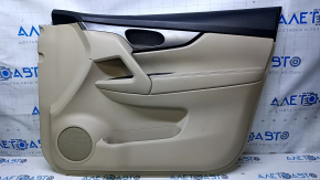 Door trim card front right Nissan Rogue 14-20 beige with beige insert plastic, armrest beige leather, molding graphite structure, scuffs, dents, whitened plastic