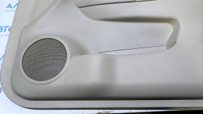 Door trim card front right Nissan Rogue 14-20 beige with beige insert plastic, armrest beige leather, molding graphite structure, scuffs, dents, whitened plastic